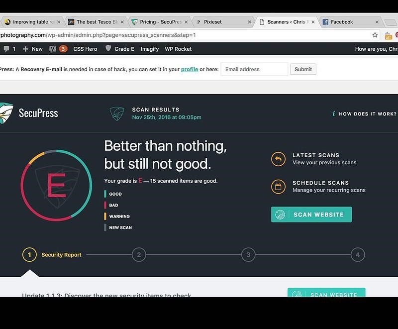 SecuPress scan results screen in the WordPress dashboard showing an "E" security grade and a Scan Website button