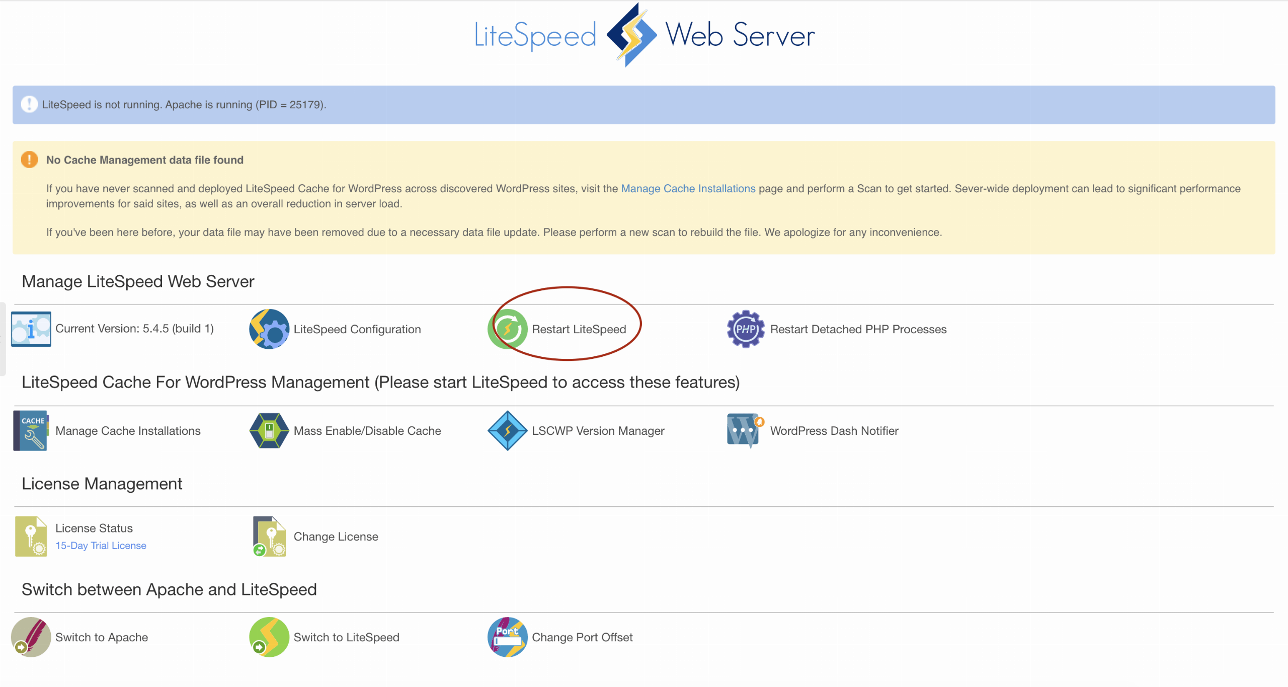 LiteSpeed Web Server extension dashboard in Plesk with Restart LiteSpeed highlighted and the Switch to LiteSpeed option below