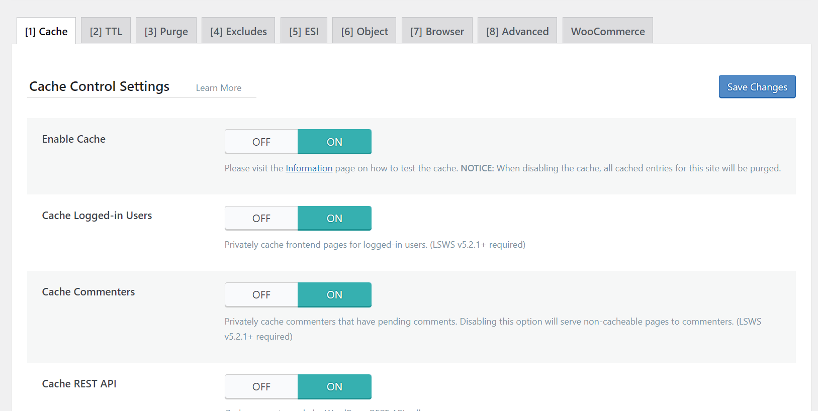 LiteSpeed Cache plugin Cache tab in WordPress with Enable Cache, Cache Logged-in Users, Cache Commenters and Cache REST API switched on