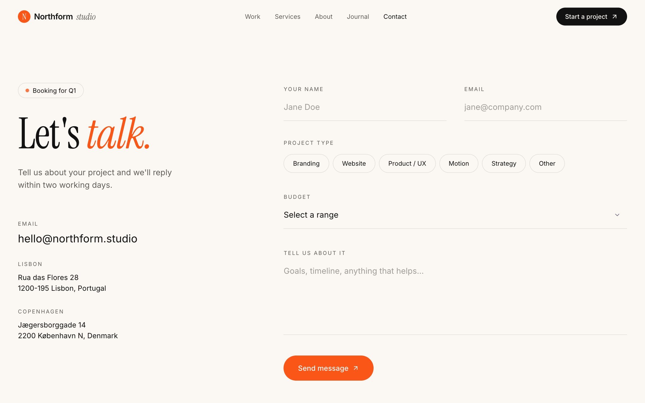 Northform Studio: contact page with project brief form