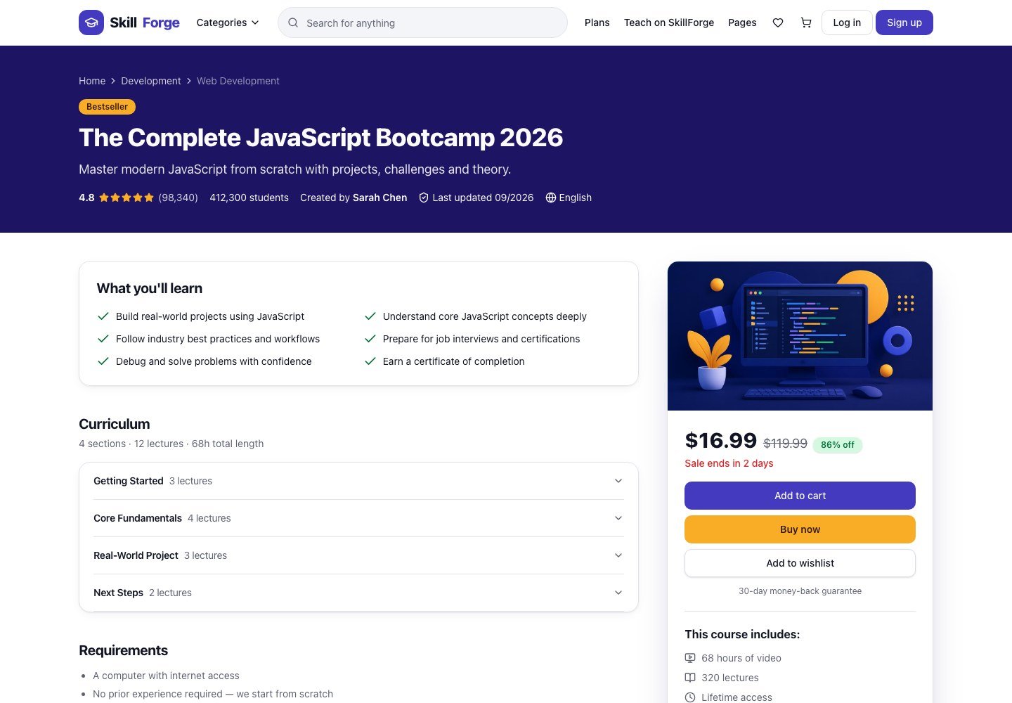 SkillForge: Course page with curriculum, price and add to cart
