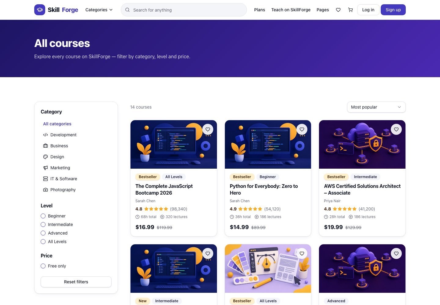 SkillForge: Course catalog with category, level and price filters