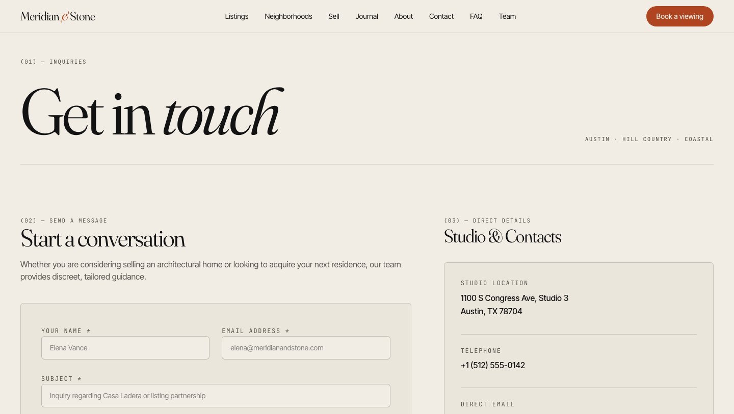 Meridian: Contact page with form and office details