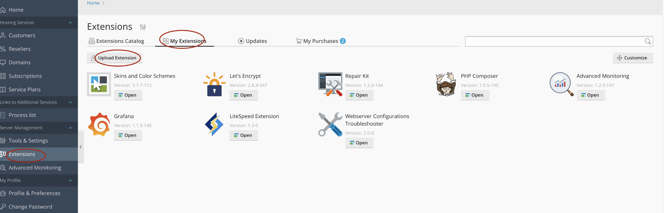 Plesk Extensions page with the My Extensions tab, the Upload Extension button and the LiteSpeed Extension tile