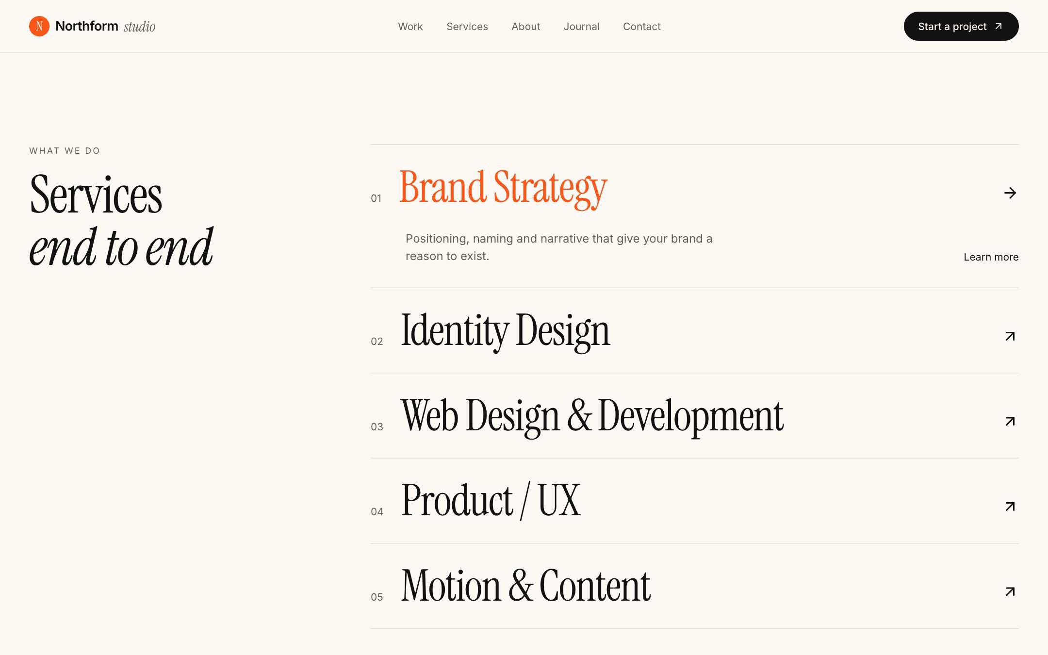 Northform Studio: services accordion on the home page