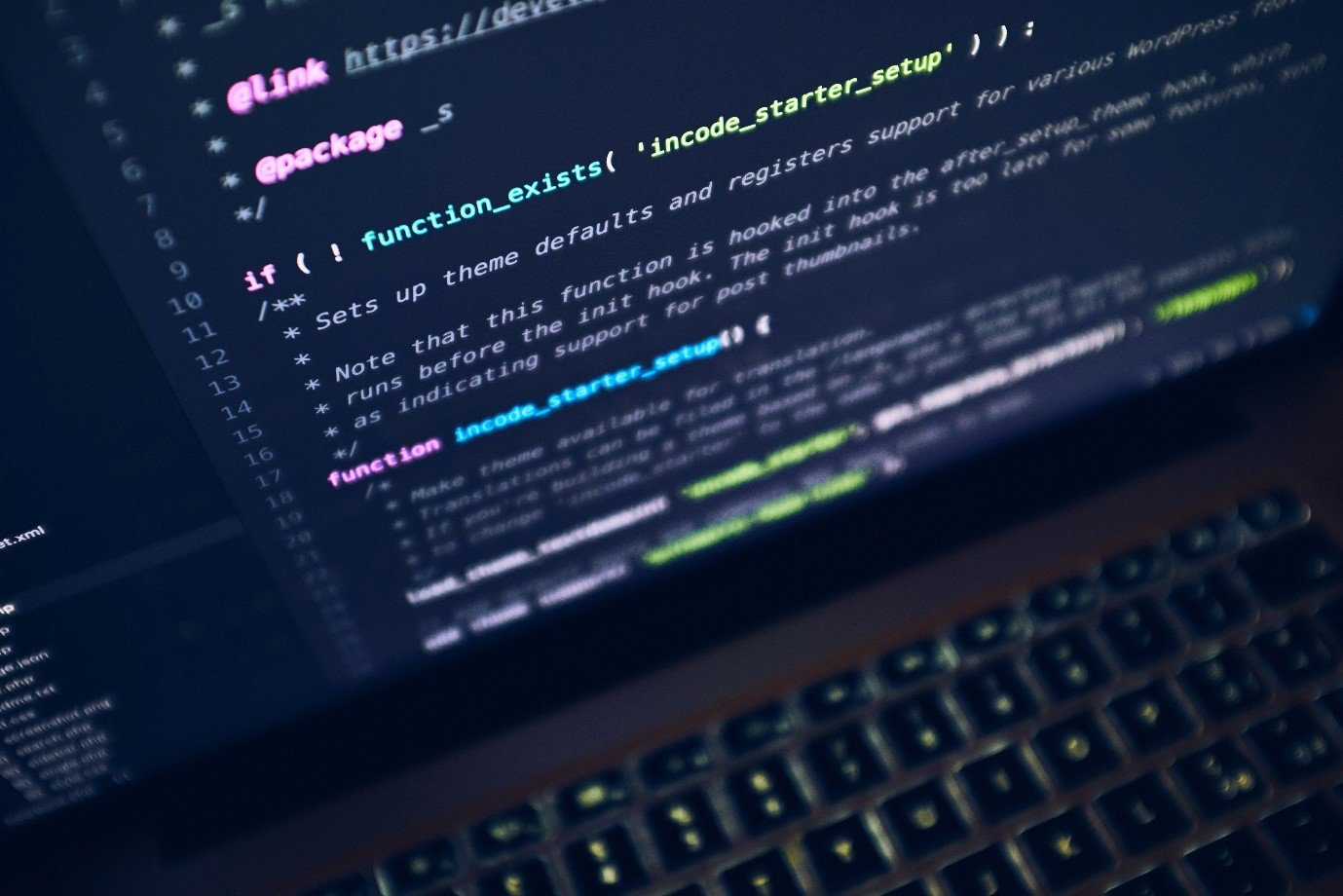 Laptop screen showing a WordPress theme's functions.php in a code editor