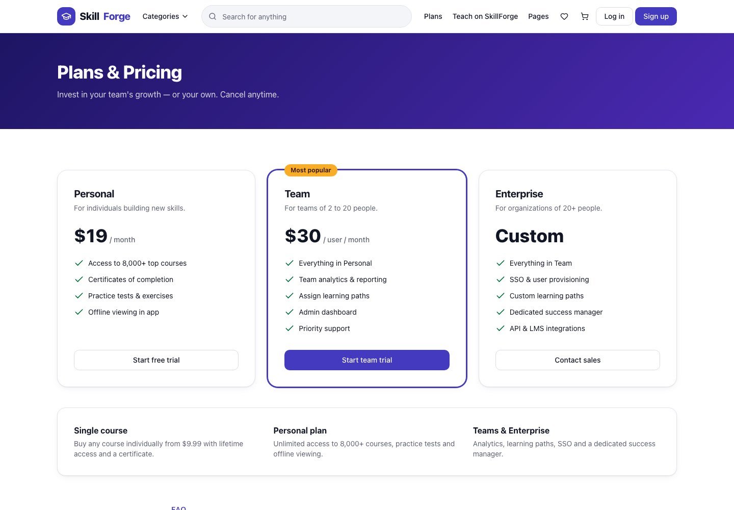 SkillForge: Personal, Team and Enterprise pricing plans
