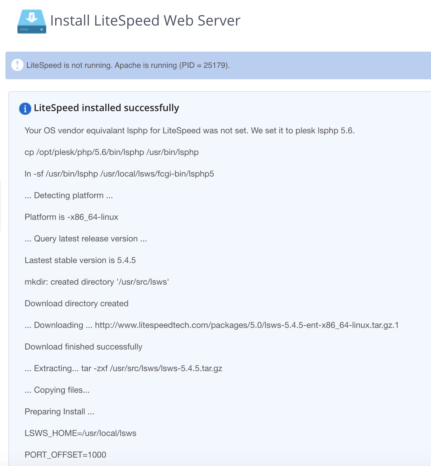 Install LiteSpeed Web Server screen in Plesk showing the "LiteSpeed installed successfully" log