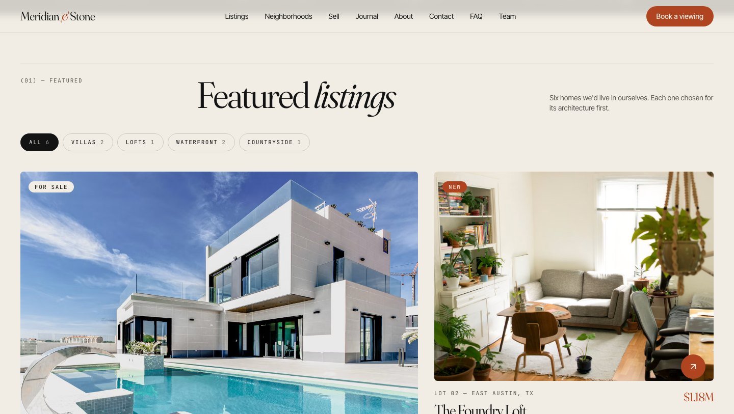 Meridian: Featured listings with filters by property type