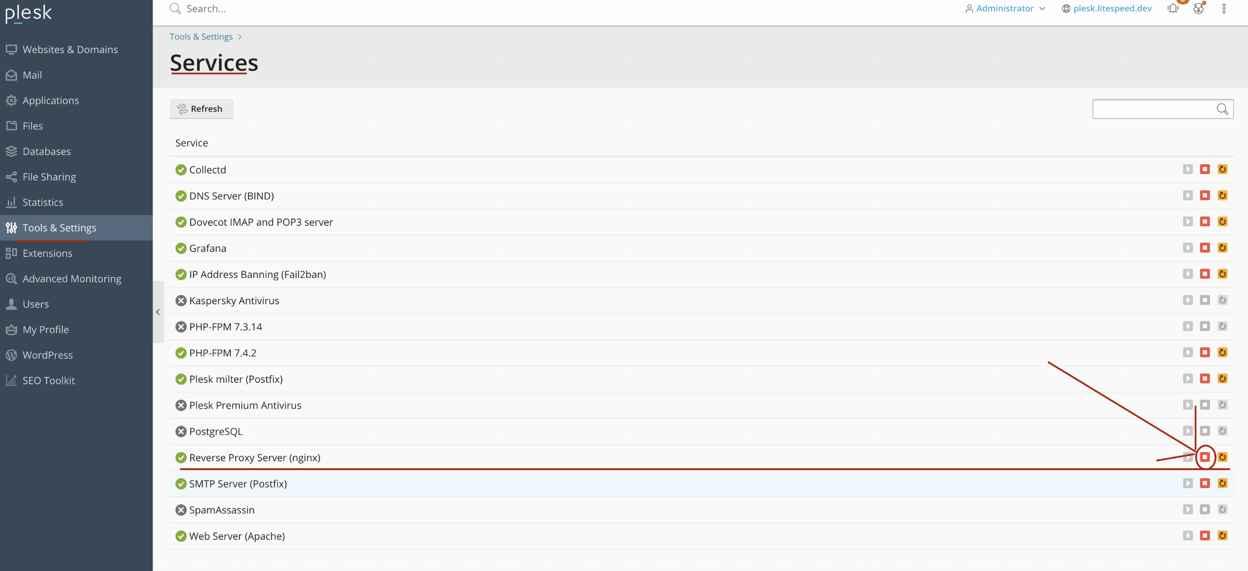 Plesk Tools & Settings → Services screen with the stop button for Reverse Proxy Server (nginx) highlighted