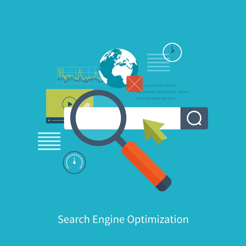 Illustration of a magnifying glass over a search bar, labelled Search Engine Optimization
