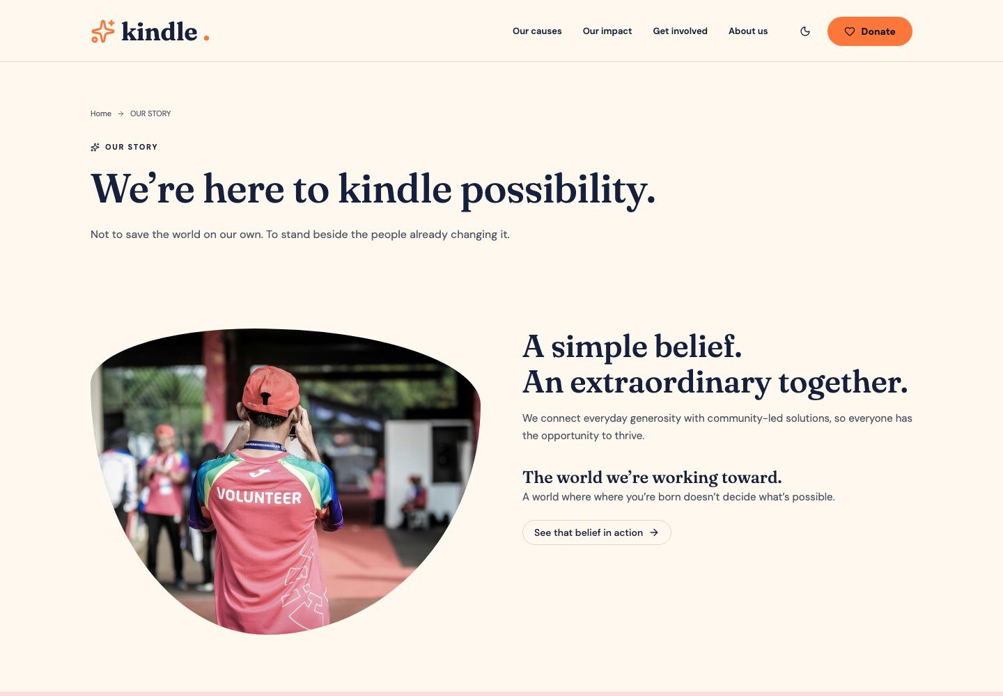 Kindle: About page with the charity's story and mission