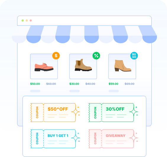 Coupon types in Smart Coupons for WooCommerce: fixed discount, percentage off, buy one get one and giveaway