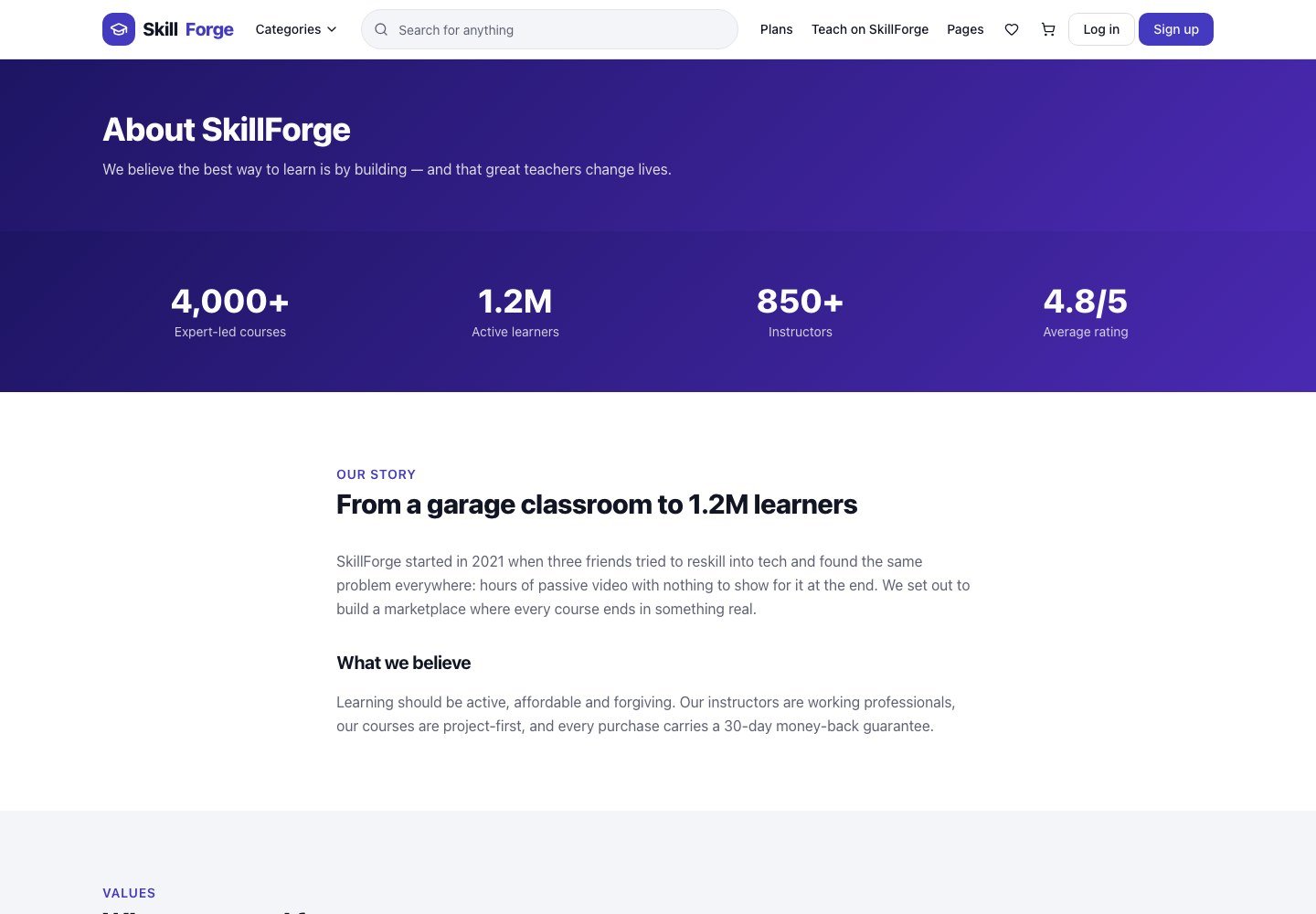SkillForge: About page with story and stats