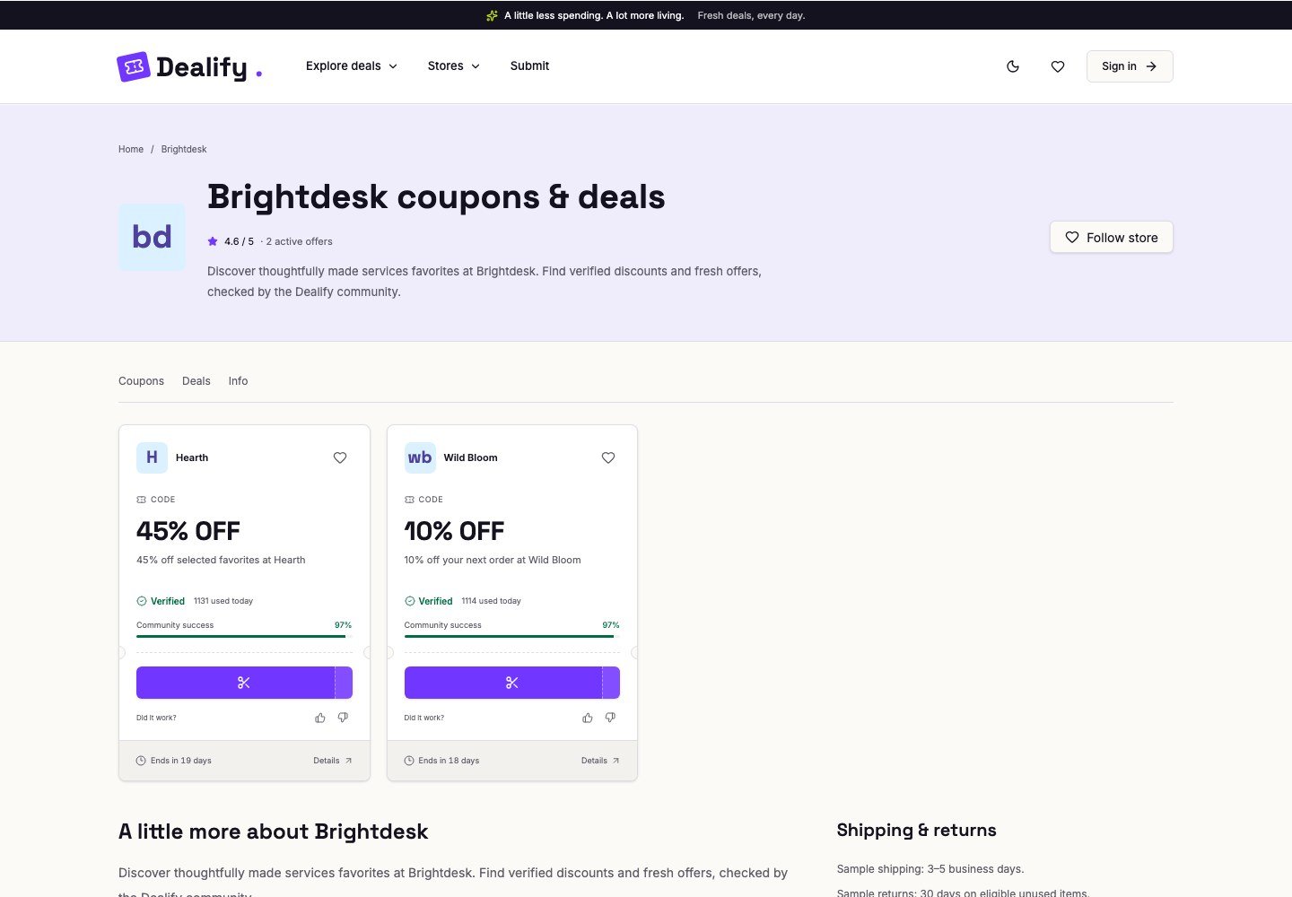 Dealify: Store page with active coupons and deals