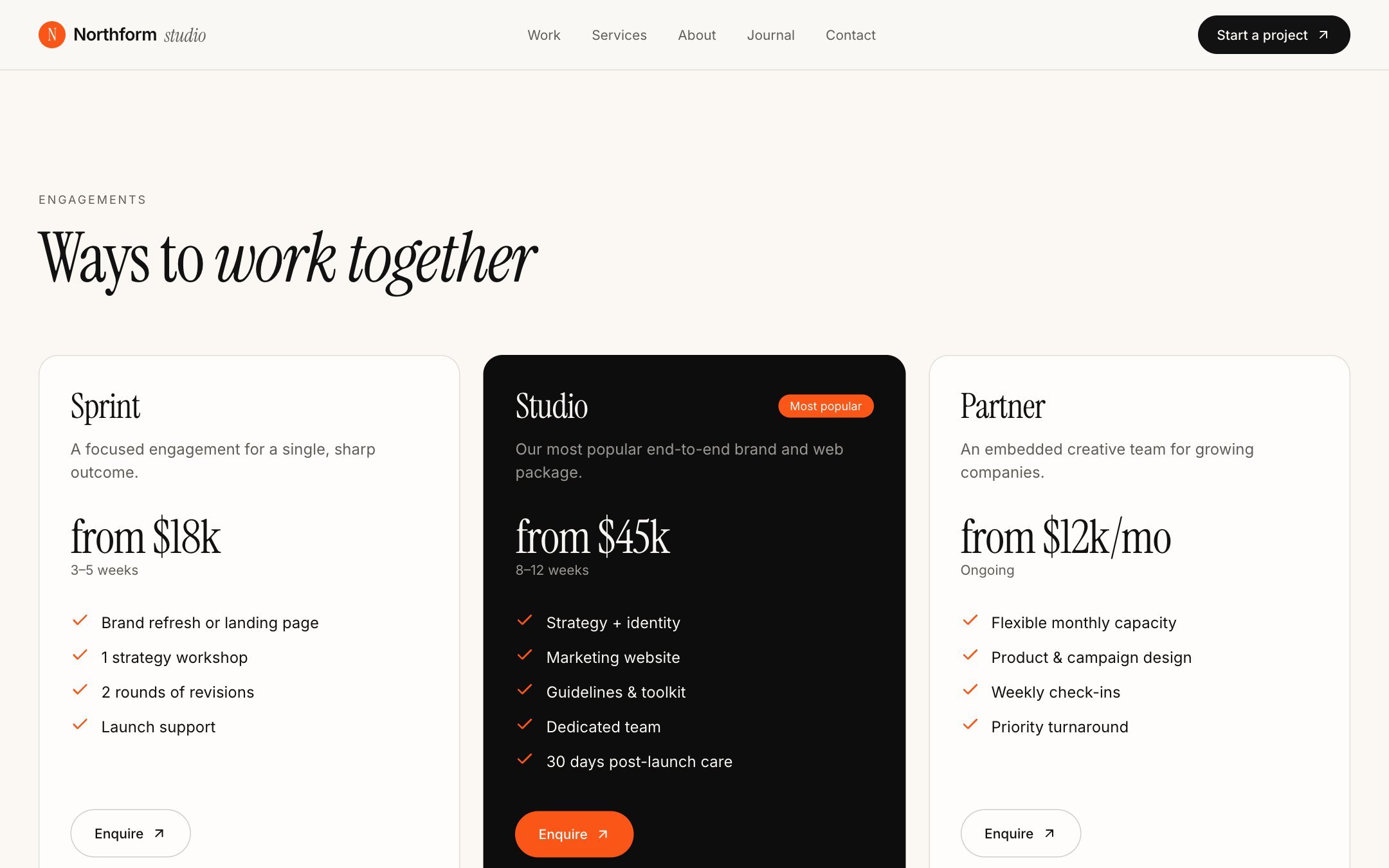 Northform Studio: services page with engagement pricing