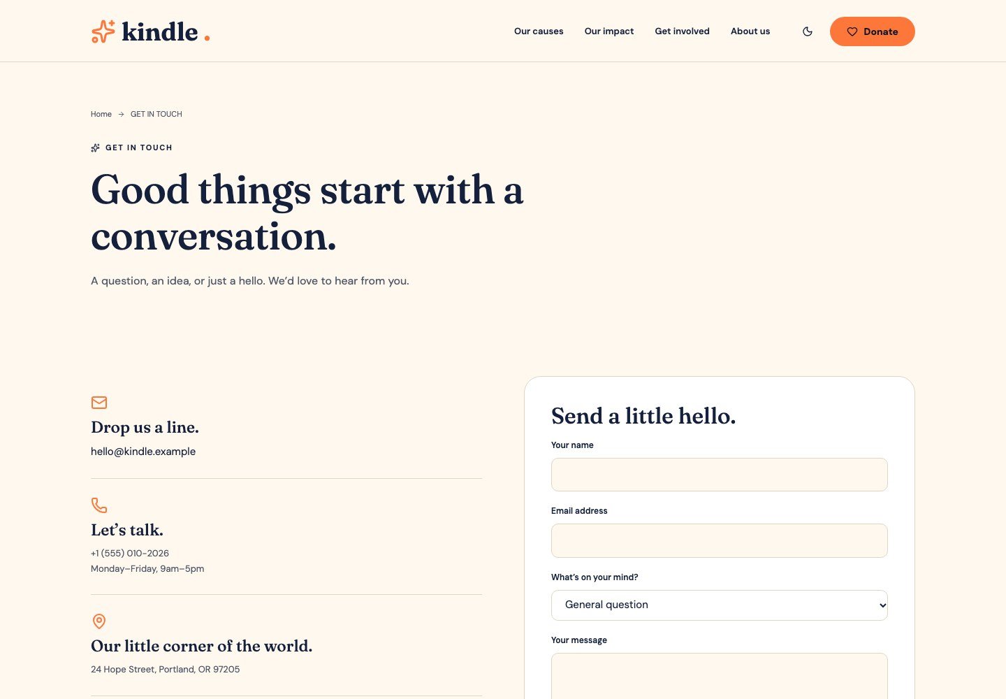 Kindle: Contact page with form and contact details