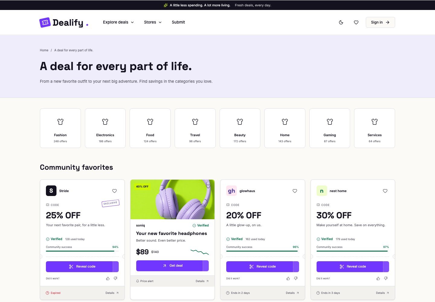 Dealify: Categories and community favorite offers