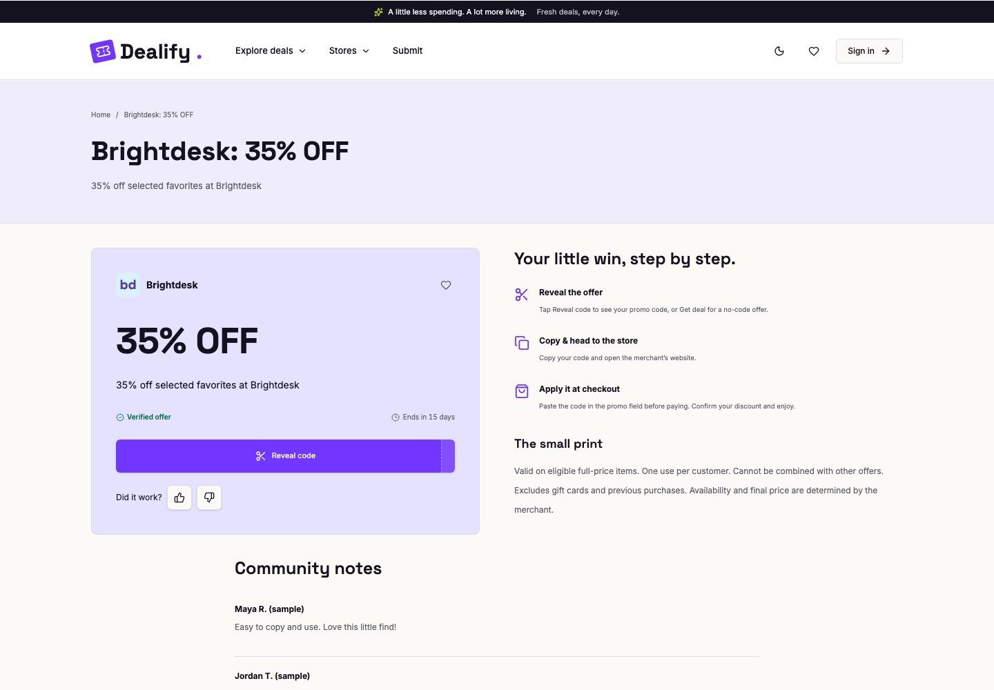 Dealify: Offer page with reveal code, steps and community notes