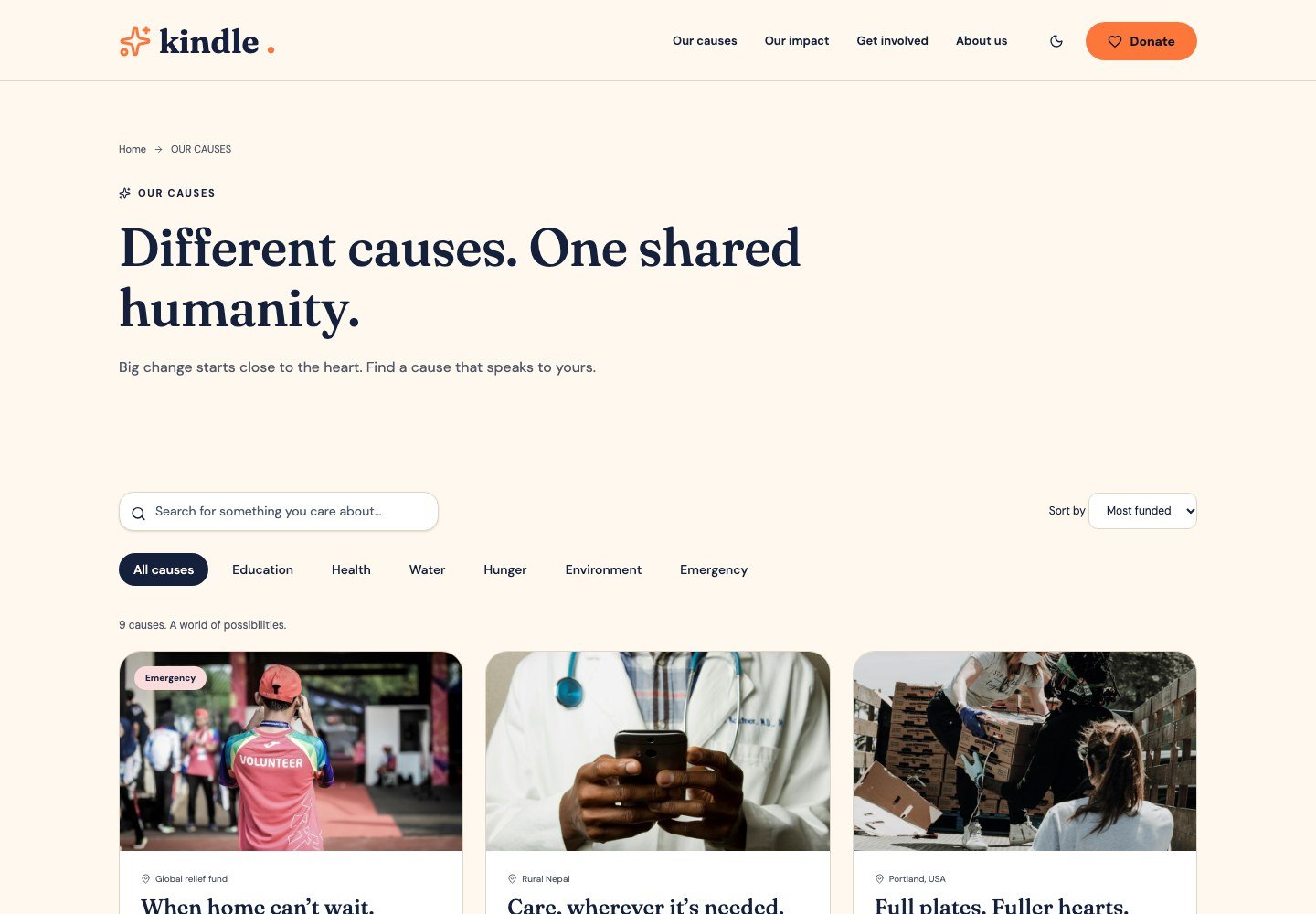 Kindle: Causes directory with category filters and fundraising progress bars