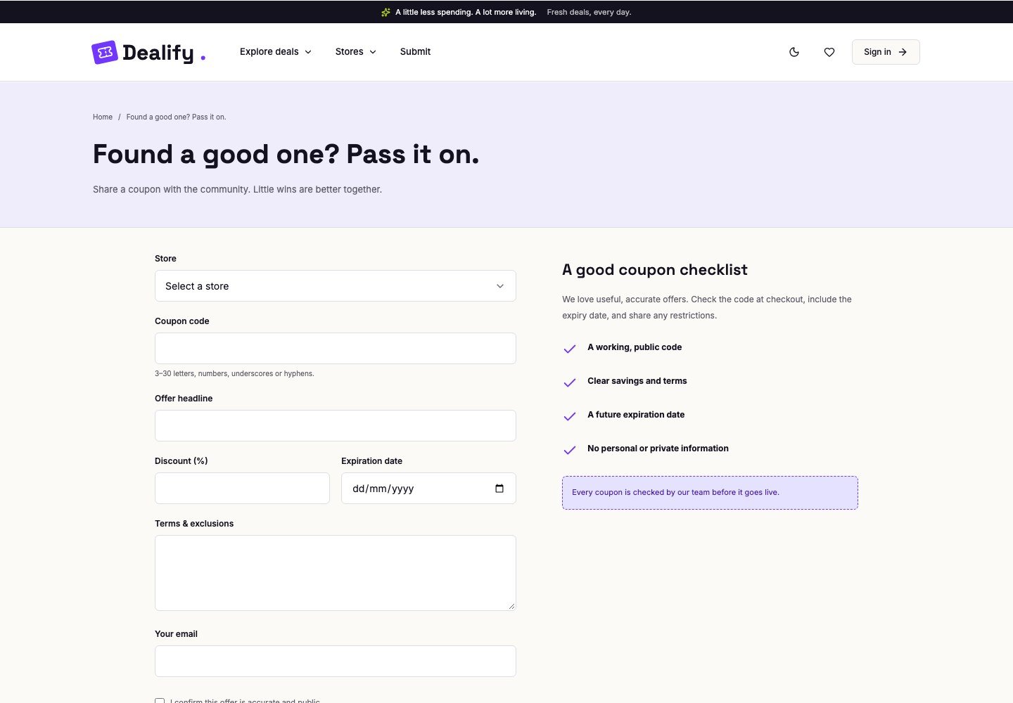 Dealify: Submit a coupon form