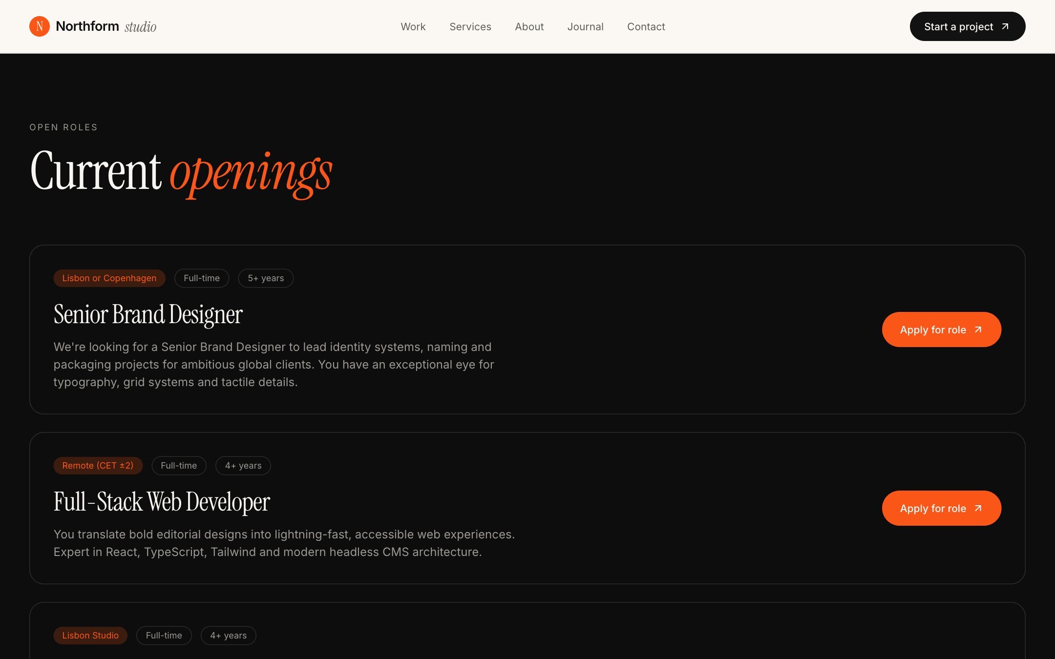 Northform Studio: careers page with open roles