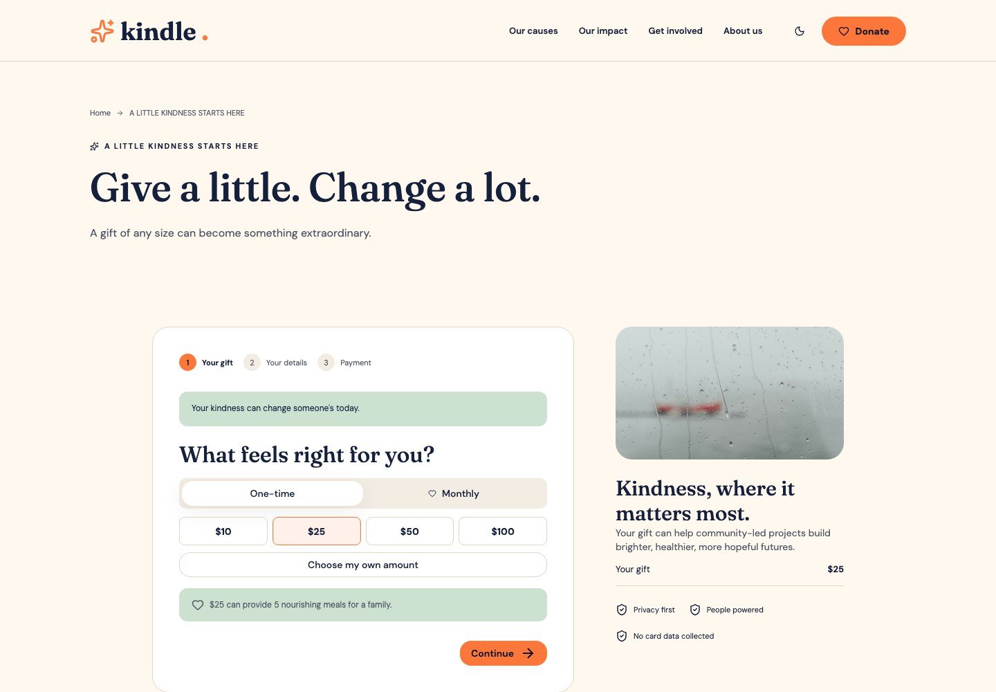 Kindle: Donation page with one-time and monthly giving options