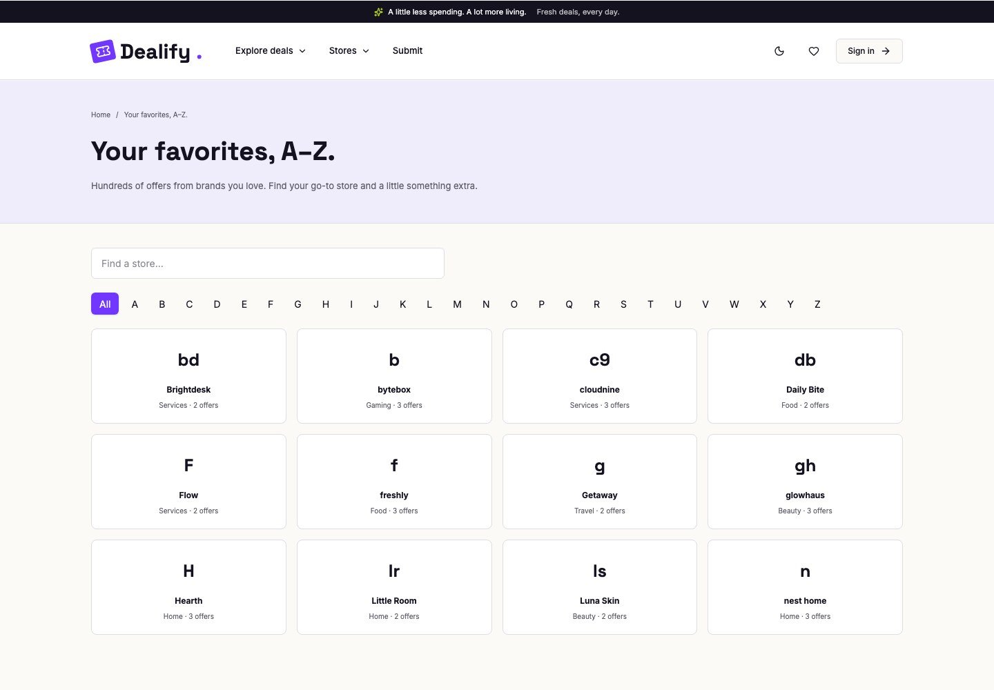 Dealify: Stores A–Z directory