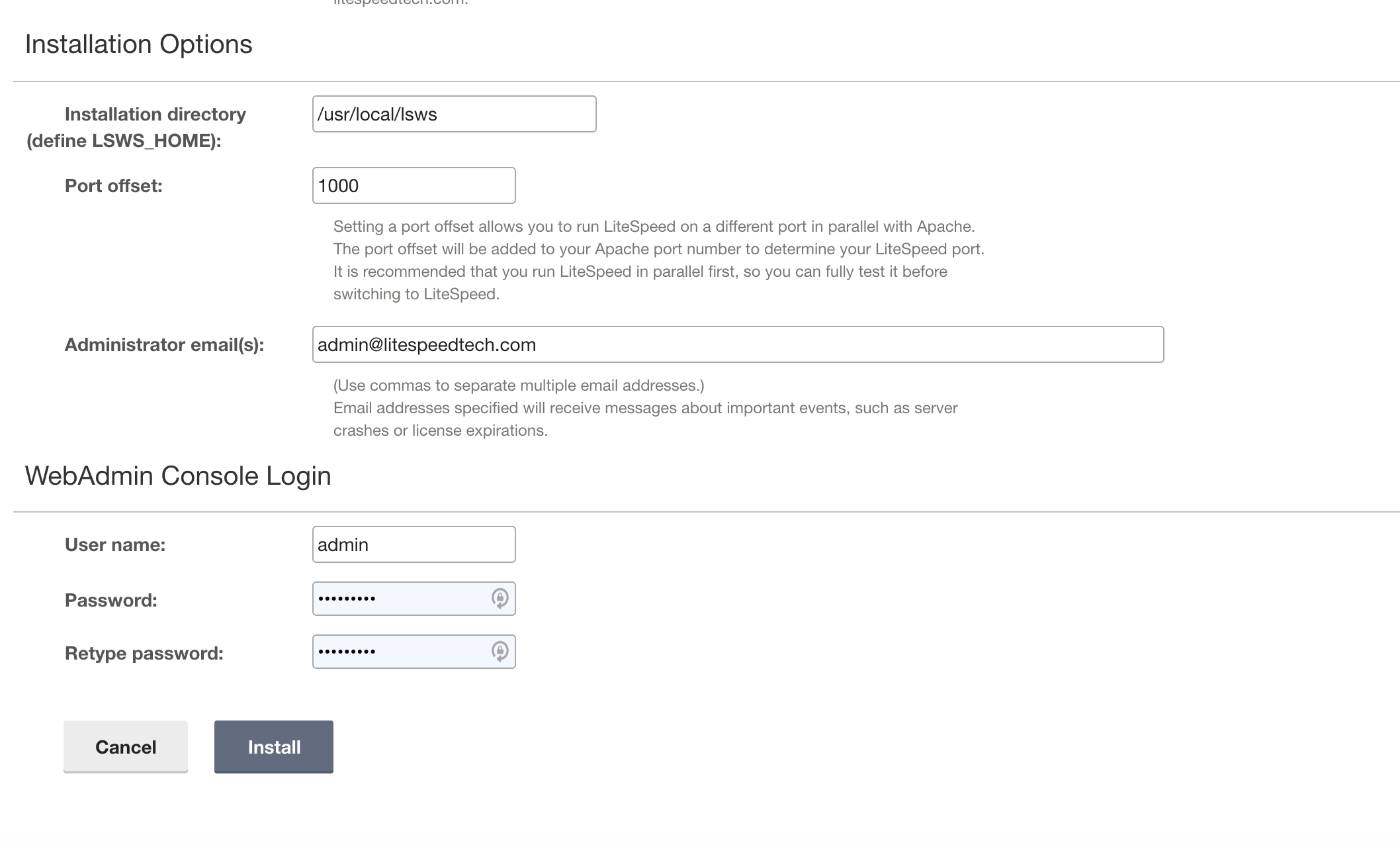 LiteSpeed Plesk installer showing Installation Options (install directory, port offset, admin email) and WebAdmin Console Login fields