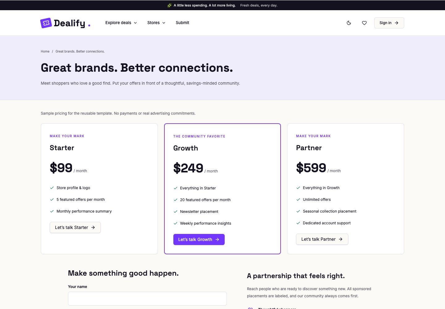 Dealify: Brands and partners page with advertising plans