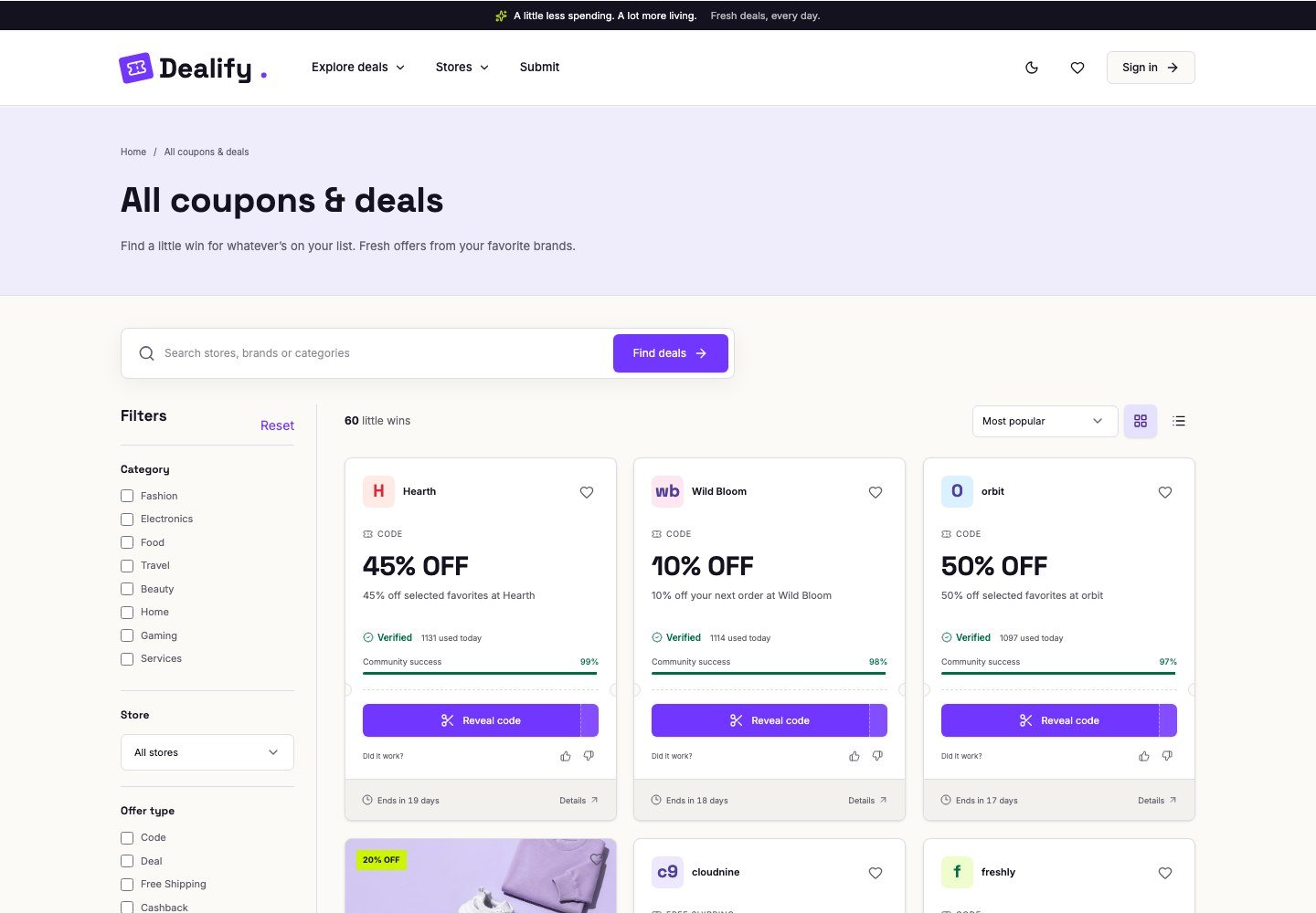 Dealify: All coupons and deals with filters by category, store and offer type